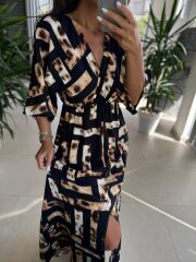 My 3154 Siyah-Kahve Leopar Detaylı Viskon Elbise