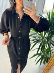 Ms Elastic Waist Black Nubuck Shirt Dress