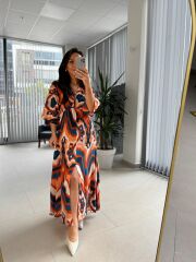 My 3154 Turuncu-İndigo Geçişli Viskon Elbise