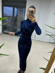 Ms Drapeli Saks Kadife Elbise