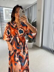 My 3154 Turuncu-İndigo Geçişli Viskon Elbise