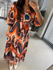 My 3154 Turuncu-İndigo Geçişli Viskon Elbise