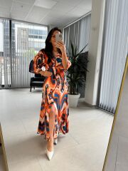 My 3154 Turuncu-İndigo Geçişli Viskon Elbise