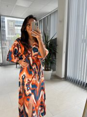 My 3154 Turuncu-İndigo Geçişli Viskon Elbise