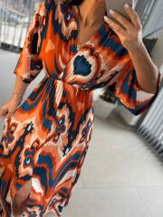 My 3154 Turuncu-İndigo Geçişli Viskon Elbise