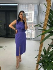 Mc 5843 Crep Kemerli Mor Elbise
