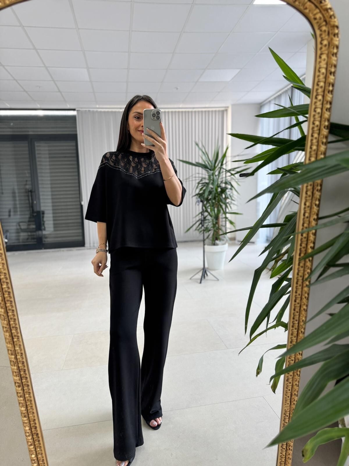 Nx 2383 Yaka Dantel Detaylı Modal Siyah Takım