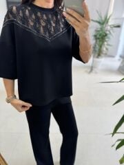 Nx 2383 Yaka Dantel Detaylı Modal Siyah Takım