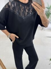 Nx 2383 Yaka Dantel Detaylı Modal Siyah Takım