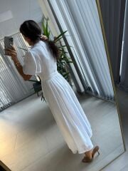 Sv 3065 Kuşaklı Müslin Beyaz Gömlek Elbise