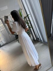 Sv 3065 Kuşaklı Müslin Beyaz Gömlek Elbise