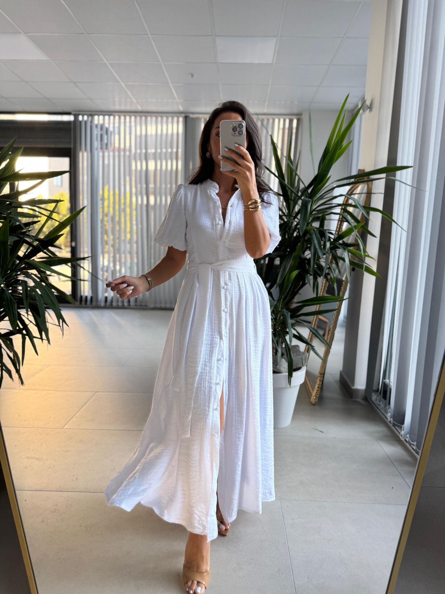 Sv 3065 Kuşaklı Müslin Beyaz Gömlek Elbise