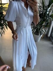 Sv 3065 Kuşaklı Müslin Beyaz Gömlek Elbise