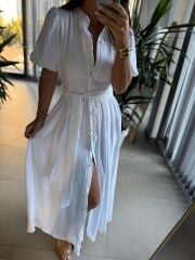 Sv 3065 Kuşaklı Müslin Beyaz Gömlek Elbise