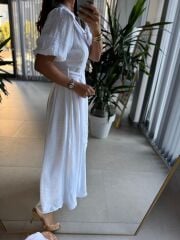 Sv 3065 Kuşaklı Müslin Beyaz Gömlek Elbise