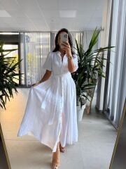 Sv 3065 Kuşaklı Müslin Beyaz Gömlek Elbise