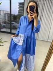 Dr Tasarım Mavi çizgili poplin gömlek elbise