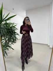 Mz 22778 Şerit Geçişli Bordo Etek