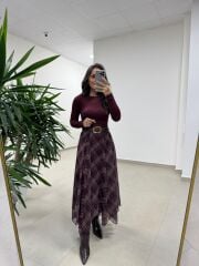 Mz 22778 Şerit Geçişli Bordo Etek