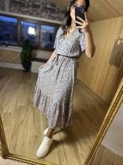 Kruvaze mavi çiçekli pamuk viskon elbise