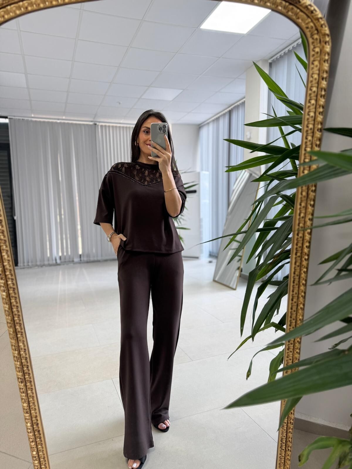 Nx 2383 Yaka Dantel Detaylı Modal Kahve Takım