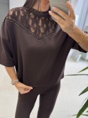 Nx 2383 Yaka Dantel Detaylı Modal Kahve Takım