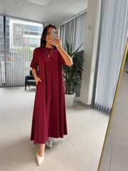Dr 8408 Tasarım Bisiklet Yaka Bordo Elbise