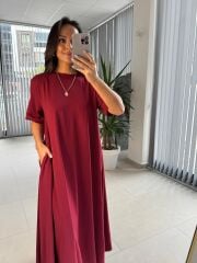 Dr 8408 Tasarım Bisiklet Yaka Bordo Elbise