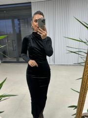 Ms Drapeli Siyah Kadife Elbise