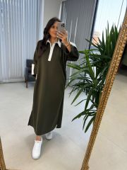 Dr 8161 Gömlek Yaka Detaylı Haki Modal Elbise