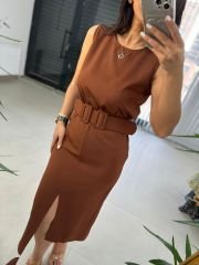 Mc 5843 Crep Kemerli Kahve Elbise