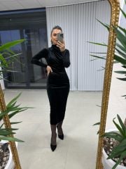 Ms Drapeli Siyah Kadife Elbise