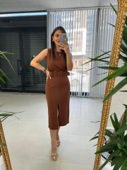 Mc 5843 Crep Kemerli Kahve Elbise