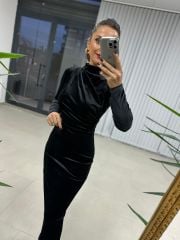 Ms Drapeli Siyah Kadife Elbise