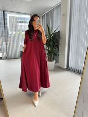 Dr 8408 Tasarım Bisiklet Yaka Bordo Elbise
