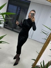 Ms Drapeli Siyah Kadife Elbise