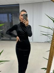 Ms Drapeli Siyah Kadife Elbise