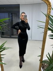 Ms Drapeli Siyah Kadife Elbise
