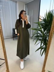 Dr 8161 Gömlek Yaka Detaylı Haki Modal Elbise