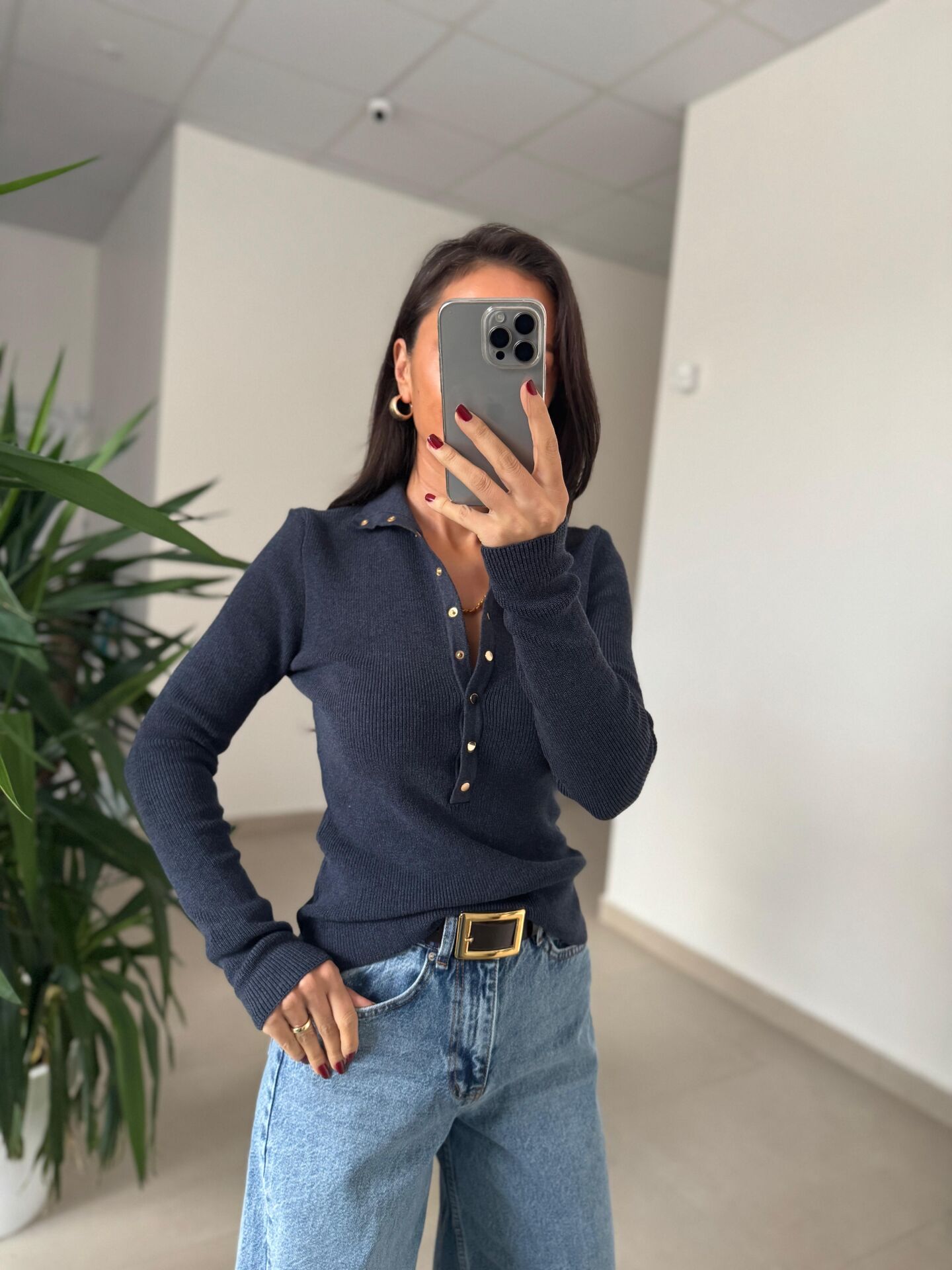 Dv 10686 Dik Yaka Çıt Çıtlı İndigo Triko