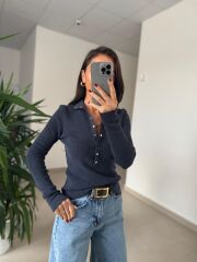 Dv 10686 Dik Yaka Çıt Çıtlı İndigo Triko