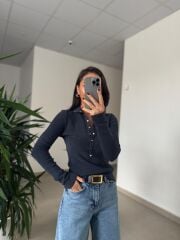 Dv 10686 Dik Yaka Çıt Çıtlı İndigo Triko