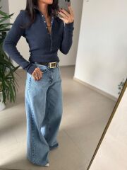 Dv 10686 Dik Yaka Çıt Çıtlı İndigo Triko