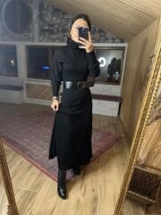 Siyah balıkçı uzun triko elbise