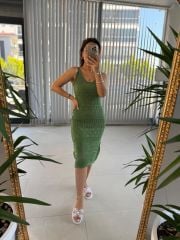 Mc 5789 Ajurlu Haki Triko Elbise