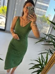 Mc 5789 Ajurlu Haki Triko Elbise