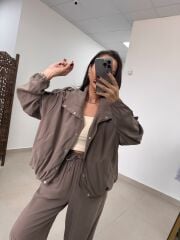 Pi 55809 Açık Vizon Bomber Ceketli Palazzo Takım