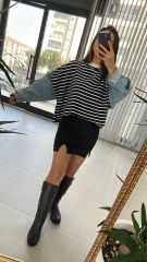 Dr 2485 Kolu Denimli Siyah Çizgili Sweat