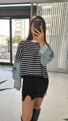 Dr 2485 Kolu Denimli Siyah Çizgili Sweat