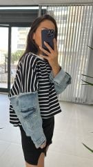 Dr 2485 Kolu Denimli Siyah Çizgili Sweat